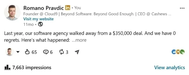 LinkedIn post from Cloud9’s founder showing 7,663 impressions